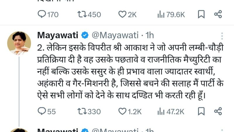 आकाश आनंद की प्रतिक्रिया पर भड़की मायावती, पार्टी से ही किया निष्कासित