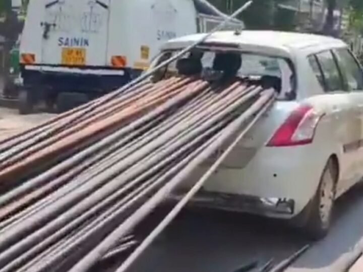 वाराणसी में बड़ा हादसा टला: ट्रैक्टर से निकला लोहे का सरिया कार में घुसा, बैंककर्मी बाल-बाल बचे